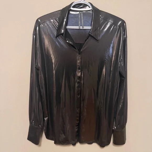 By Anthropologie Metallic Gunmetal Blouse - XS - Picture 3 of 9